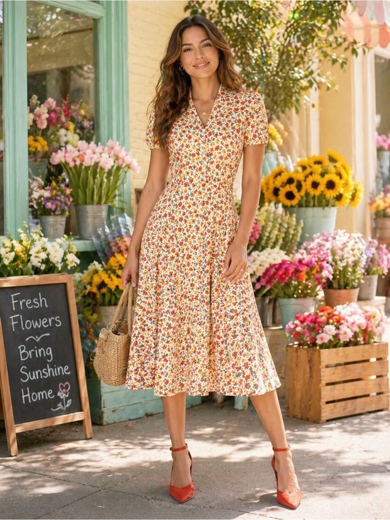 Tulip B Dresses & Skirts - NWT Tulip B Vintage Inspired White Floral Midi Dress Collared V-Neck Pockets